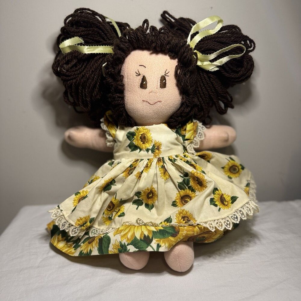 Traditional Hand Made Rag Doll Soft Body 17inches  Tall Sunflower Dress Pigtails